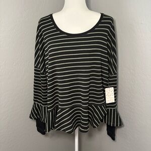 Free People Black and Olive Green Striped Long Sleeve Top